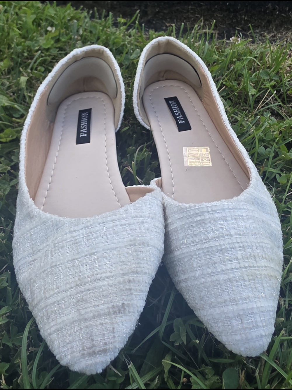 Fashion White Tweed Pointed Toe Women's Flats